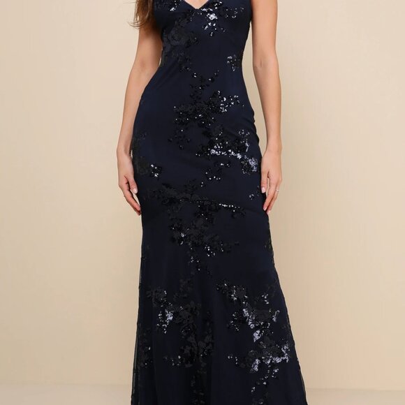 Lulus Valhalla Navy Blue Sequin Lace-up Maxi Dress - Size XL - Picture 2 of 3